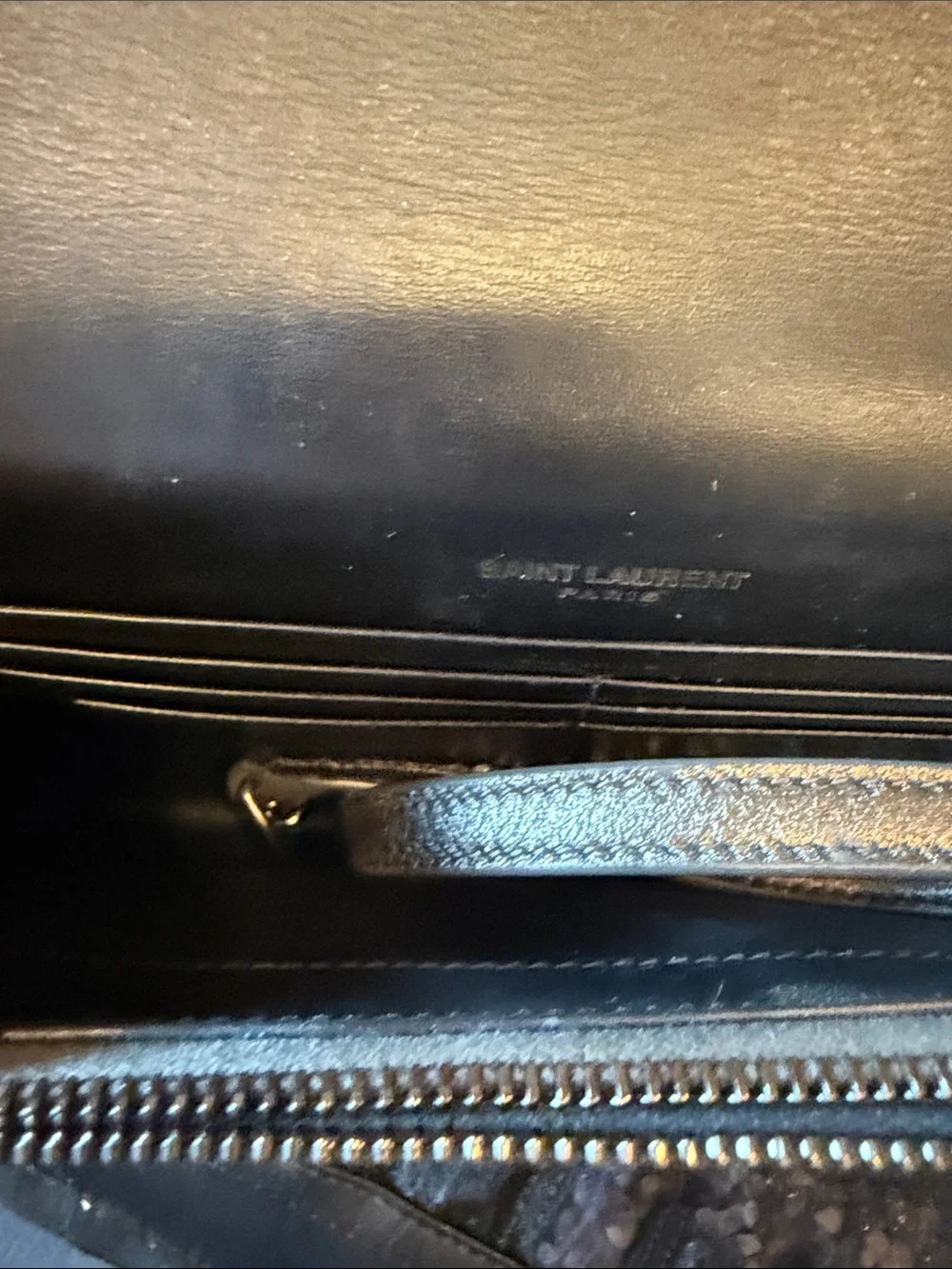 Saint Laurent Metallic Silver Tassel Monogram Clutch
